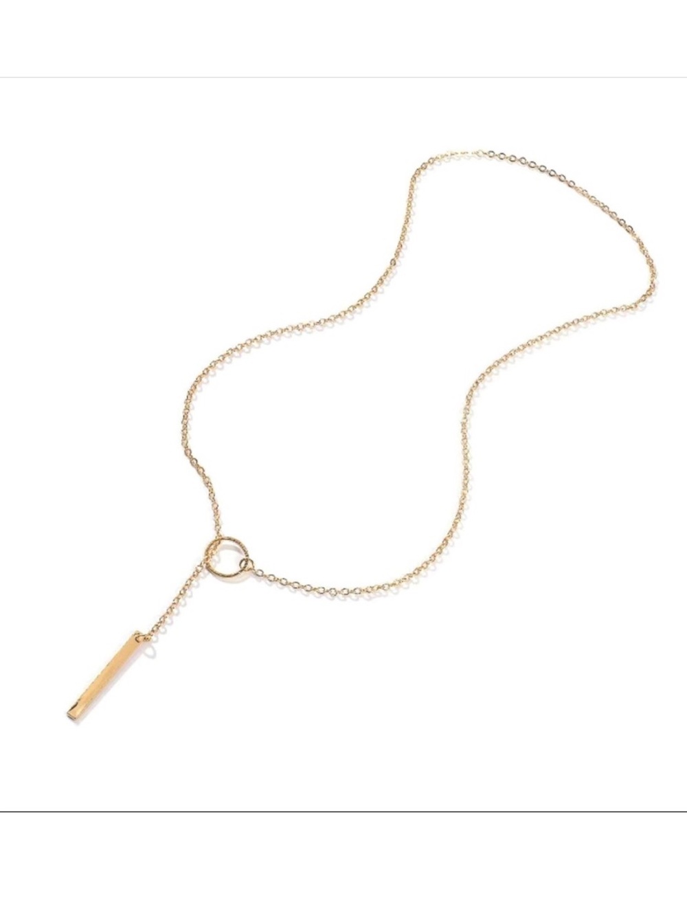 Minimalist Gold Tone Lariat Necklace Circle & Bar Pendant 20”